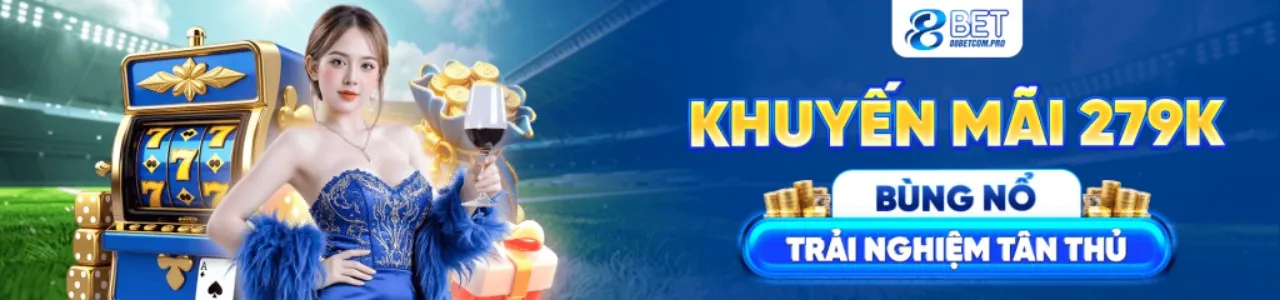 Sân vận động với ánh đèn rực rỡ và logo 8KBET